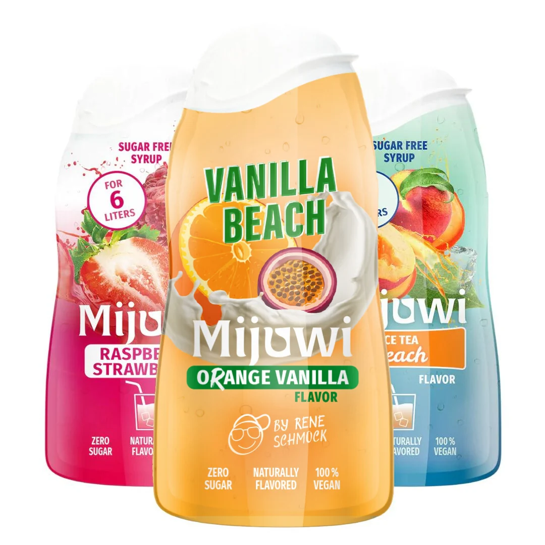 Mijuwi Fantastic Starter Set Sirup ohne Zucker - 6x 48 ml, zuckerfreier Sirup + Shaker, 100% vegan, für 6-8 Liter Getränk pro Sirup, natürlich aromatisiert, Wild Cola, Dragonfruit & Mango, Grenadine, Apple & Pear, Vanilla Beach, Ice Tea Peach - Bild 6